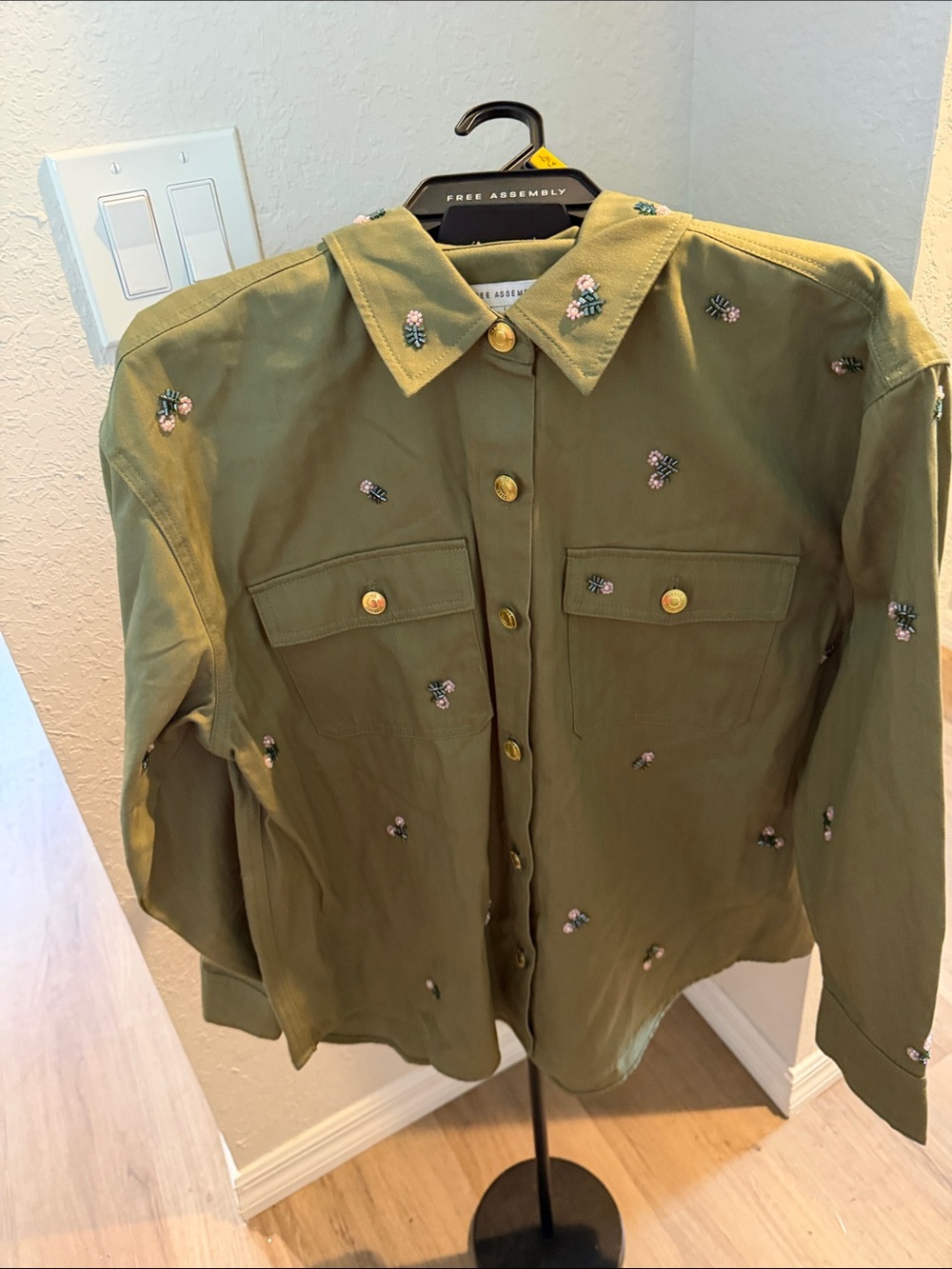 Olive Green Beaded pearl Embroidered Light Denim feel Blouse